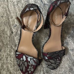 Merona Burgundy Heels with Silver Flowers